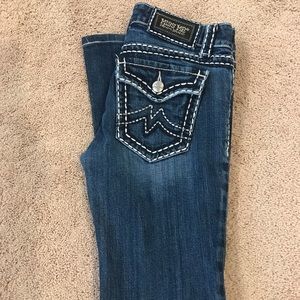 Miss Me Women's Dark Blue Boot Cut Jeans with White Stitching